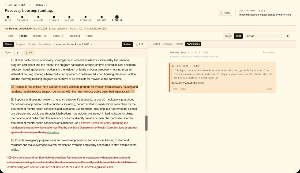 AB 1556 in split view — the Reader with one sentence highlighted on the left, and the Annotations pane on the right listing that mark with its quote, the note written on it, and Edit, Reply and Delete actions