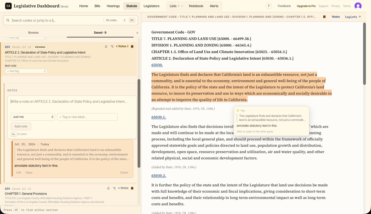 Statute workspace showing Government Code Article 2 with a highlighted passage and a hover card carrying the note on it, beside the Saved rail holding the same annotation under the saved article