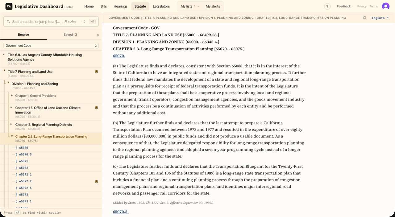 Statute workspace with the Government Code tree open to Title 7 Planning and Land Use, Chapter 2.3 Long-Range Transportation Planning, and section 65070 displayed with its breadcrumb